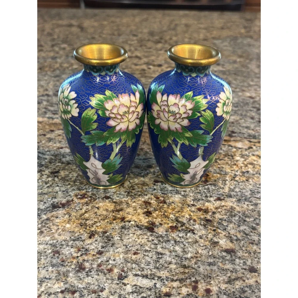 Vintage Chinese Cloisonne Miniature Enameled Vases Cobalt Blue Floral Pair 4.5